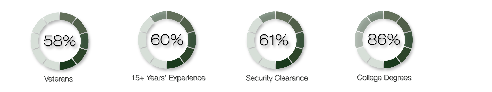 TIME Systems team comprises 58% Veterans, 60% with 15+ Years' Experience, 61% with a security clearance, 86% with college degrees. All of these are represented by green donut charts.